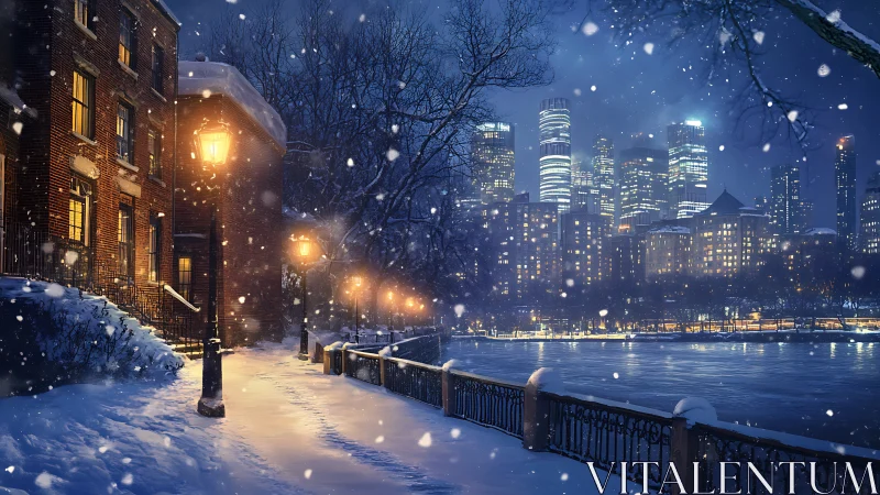 Snowy riverside street contrasts warm homes and cold skyline.
