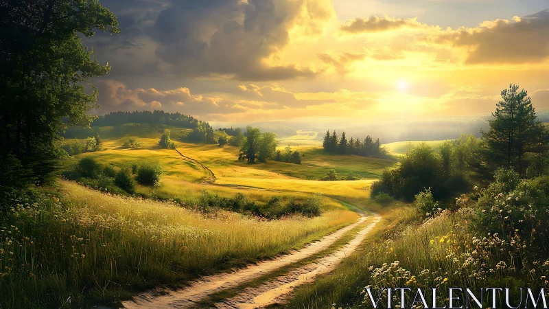 Golden country path glows gently under a warm evening sky