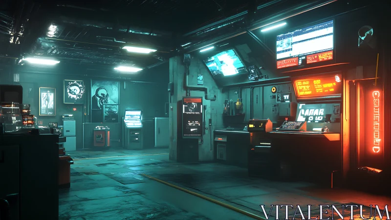 Futuristic cyberpunk control room glows with neon monitors