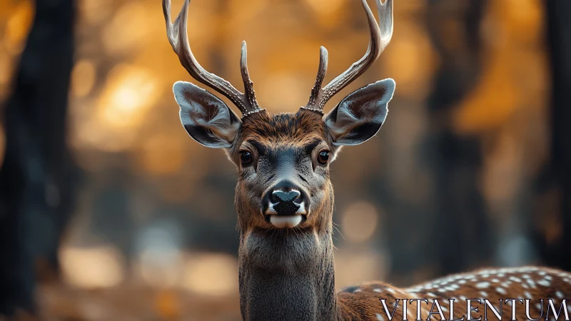 Telephoto portrait of spotted stag in shallow depth woodland glow.