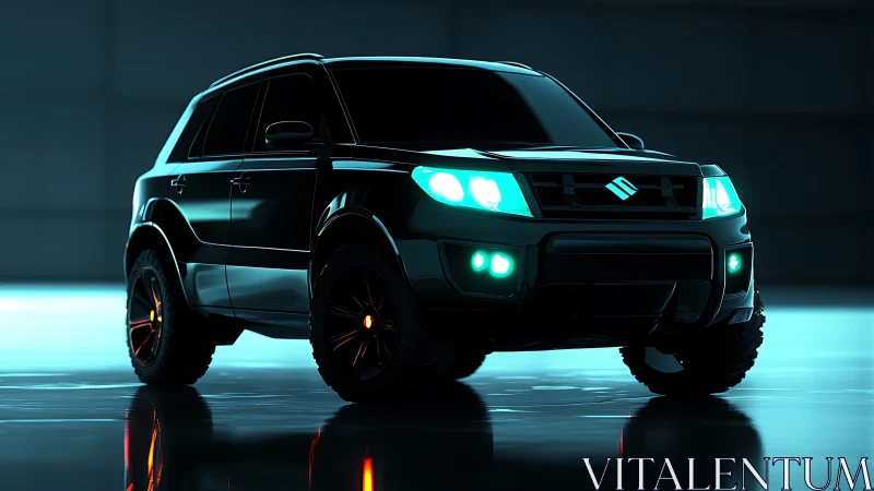 Black SUV showcases neon headlights in glossy studio.
