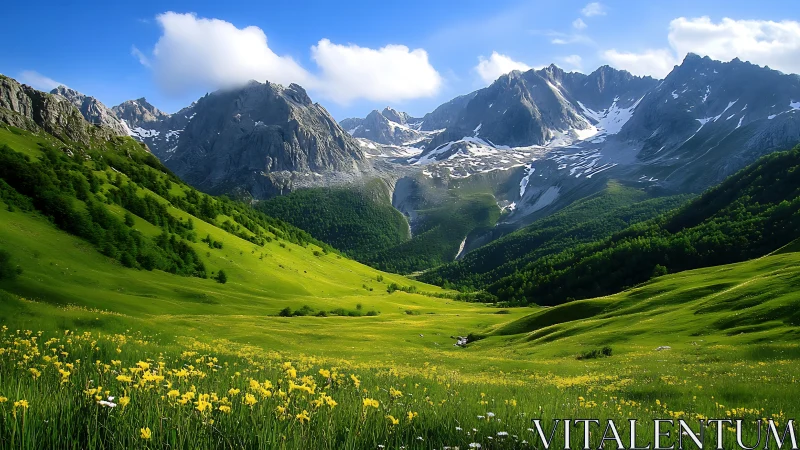 Mountain valley landscape shows green slopes and rocky peaks