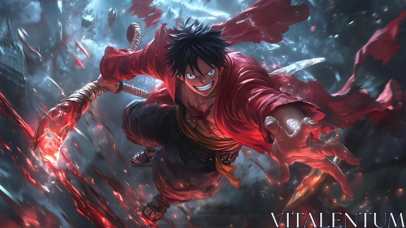 Dynamic anime hero lunging forward amid fiery debris