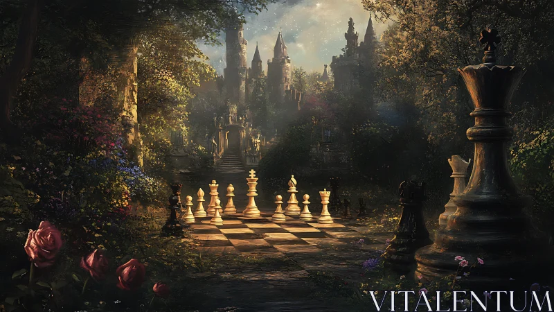 Chessboard in overgrown garden before distant castle at dusk.