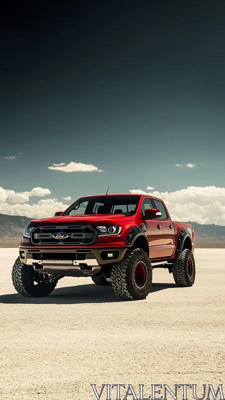 Bold red off road pickup truck ready for open desert adventures.