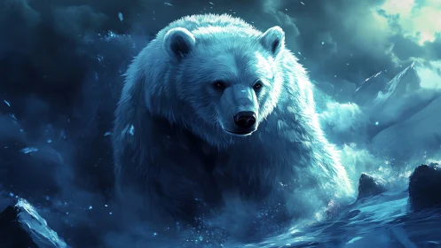Glacial titan polar bear emerging through icy storm clouds.
