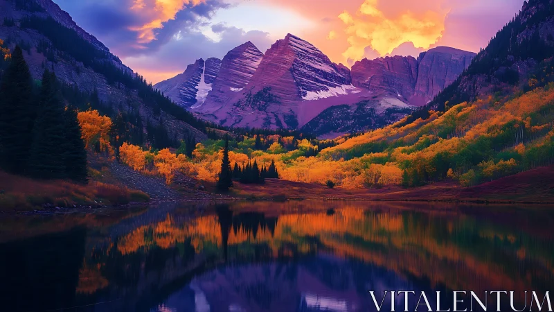 Glowing mountain sunset bathes autumn valley in soft color