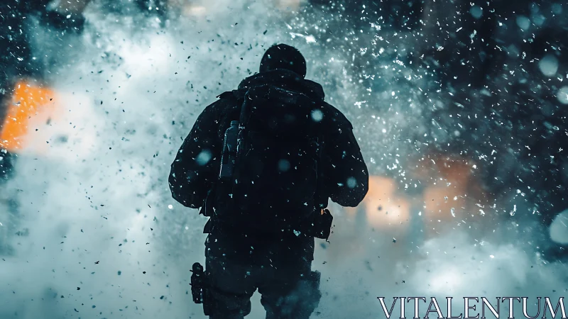 Soldier silhouette cuts through blizzard under harsh backlight.