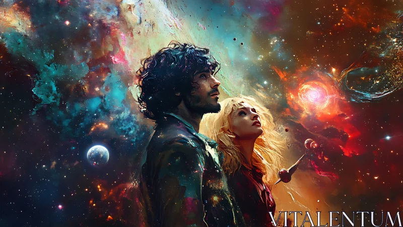 Two cosmic dreamers gaze into a swirling painted universe