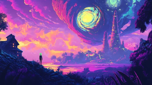 Neon alien observer studies swirling vortex sky over crystal spire