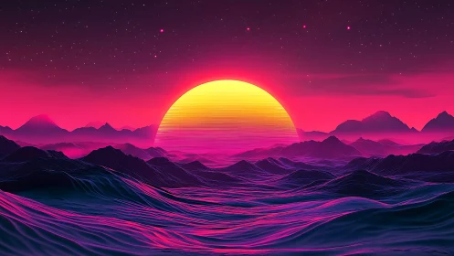 Neon sunset over stylized wireframe mountainscape horizon.