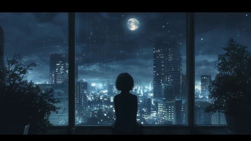 Solitary silhouette at rainlit highrise window over moonlit city