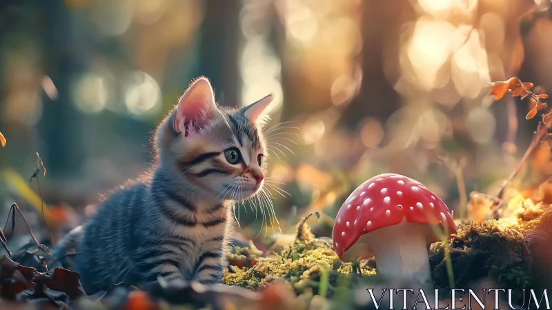 Small tabby kitten observes red mushroom in forest setting