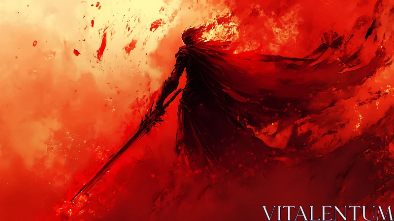 Silhouetted swordsman in red abstract swirling environment.
