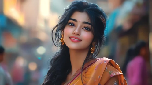 Young woman in golden saree smiles on vibrant street.