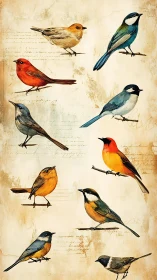 Illustrated songbirds on parchment with vintage notation.