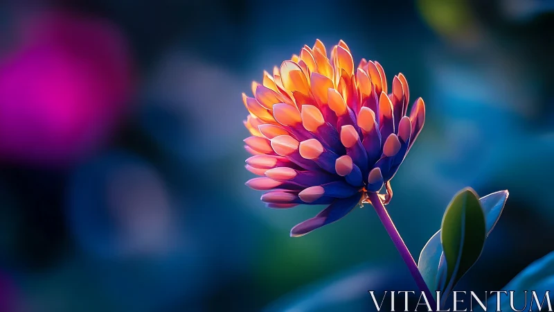 Blooming flower with gradient stem against blue background.