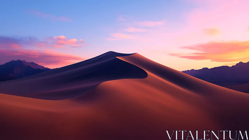 Sunlit desert dunes under soft pastel sunset sky.