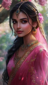 Digital portrait renders ornate saree, jewelry and soft bokeh lighting