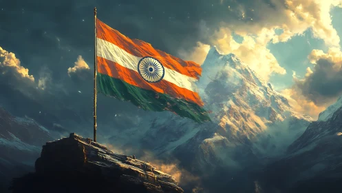 Indian national flag flies on rocky peak before snowy mountains