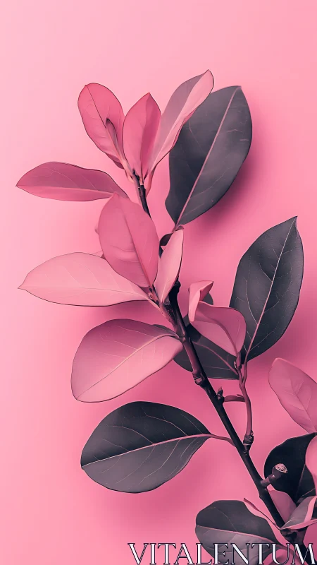 Pink botanical branch contrasts with monochrome leaves.