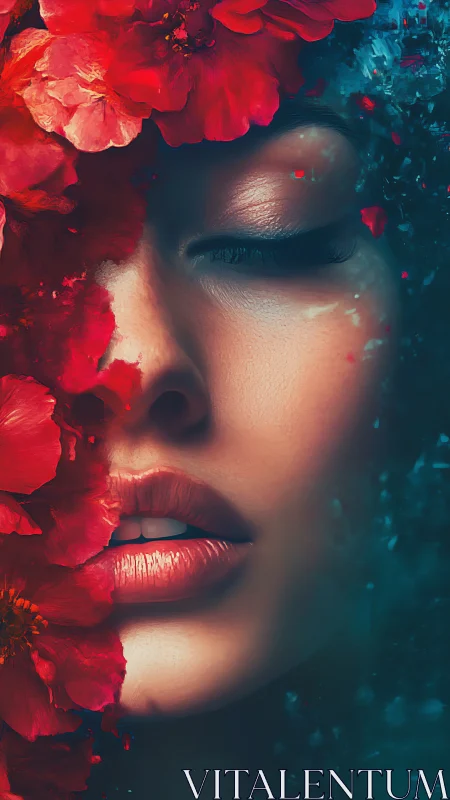 Floral-partitioned visage in high-saturation digital chiaroscuro.