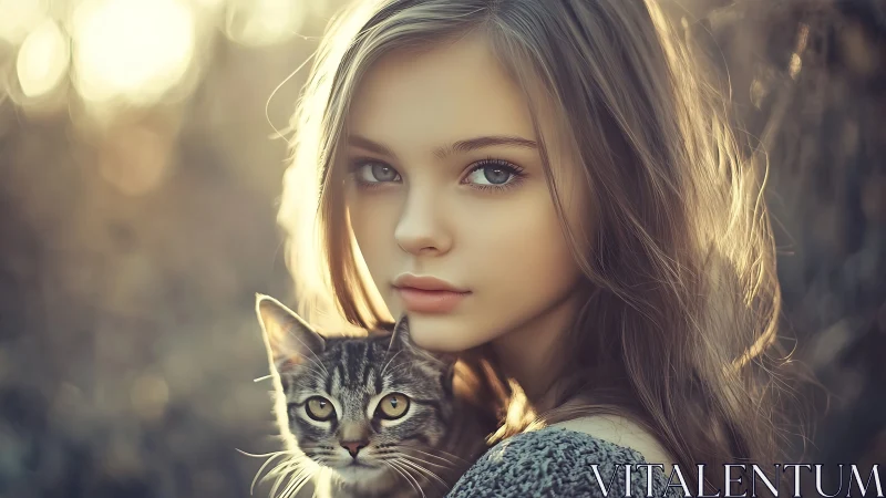 Female figure with tabby cat in warm backlighting