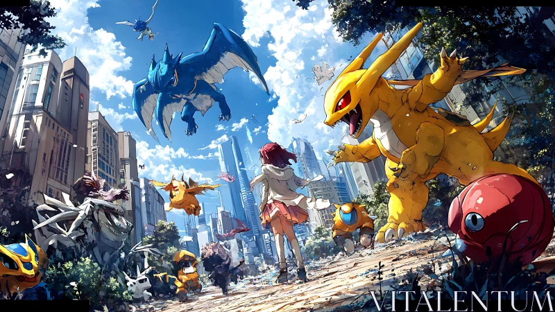 Urban trainer crossing kaiju avenue in anime metropolis.