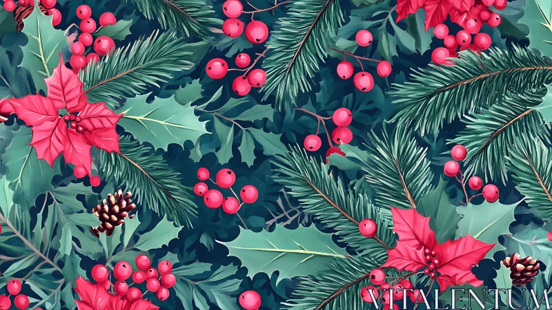 Festive holly leaves, winter berries, and pine branches pattern.