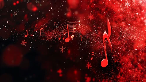Shimmering red music notes dance through a festive night sky