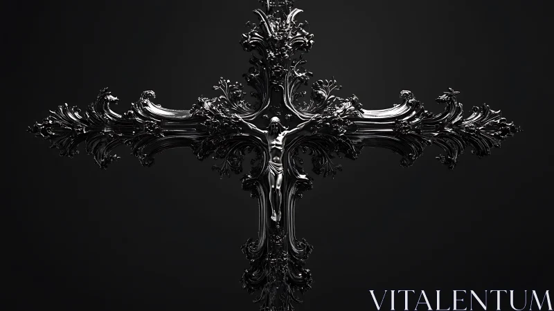 Ornate black crucifix sculpture glows subtly in the dark