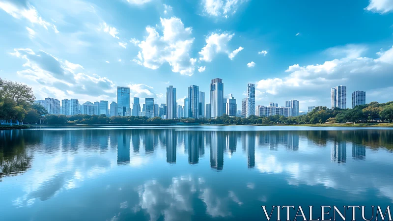 Skyline mirrors drift across a glassy blue urban lake.