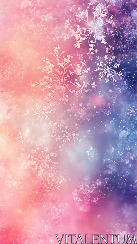 Dreamy pastel snowflakes drifting through soft starlight.