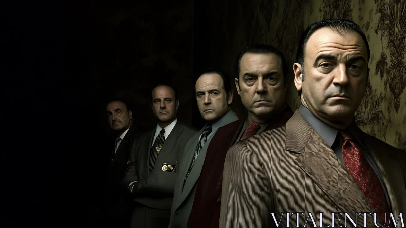 Mob enforcers line corridor under moody chiaroscuro lighting.