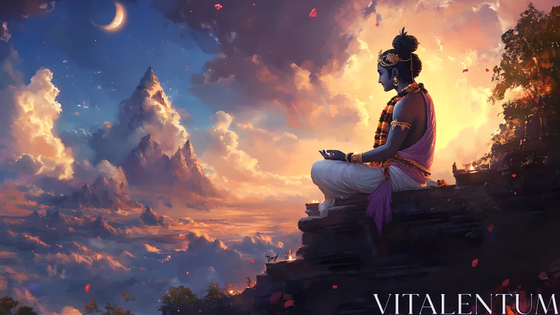 Celestial yogi in sunset-lit cloudscape before crescent moon.