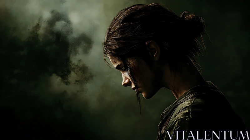 Somber side profile of wounded girl against dark void.