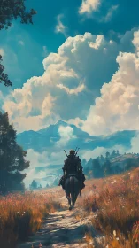 Lone rider moves toward distant blue mountains under clouds.