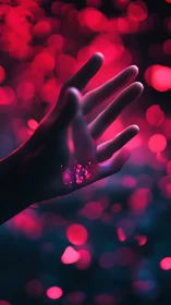 Neon lit human hand with floating pink particles and bokeh field