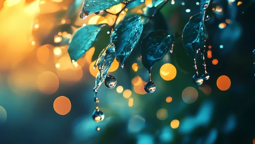 Rain-kissed leaves with glowing bokeh at sunset.