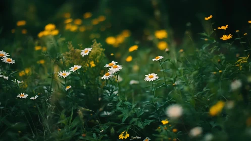 Wild daisies in moody bokeh meadow, deep green palette.