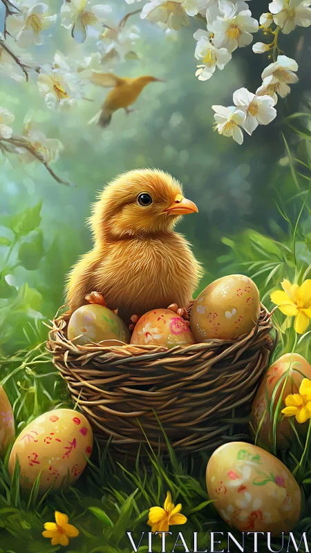 Springtime chick in wicker nest with ornate painted eggs