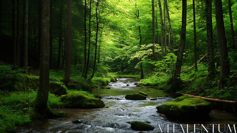 Lush Forest Stream Flows Through Moss-Covered Rock Sanctuary