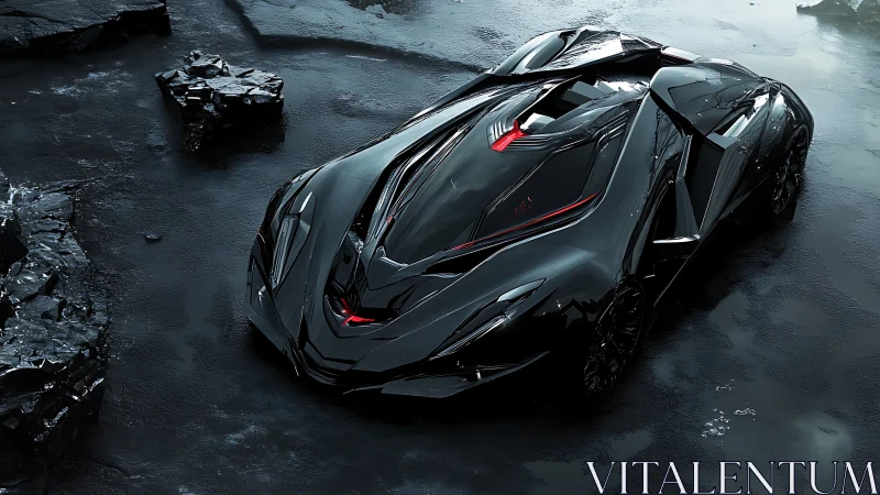 Sleek black futuristic supercar on wet dark asphalt surface.