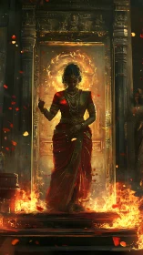 Divine woman in red sari emerging through temple fire.