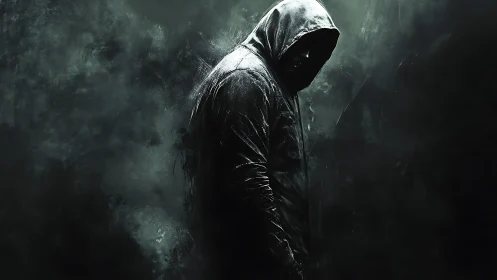 Hooded figure in shadowy teal mist with dramatic rim light.