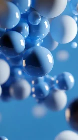 Blue glossy spheres float in soft gradient atmosphere.