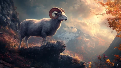 Mountain sheep on rocky ledge in autumn landscape.