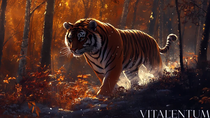Warm autumn forest stroll with a quietly focused tiger.