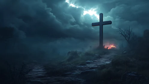 Large cross on stormy hill with distant fire at night.