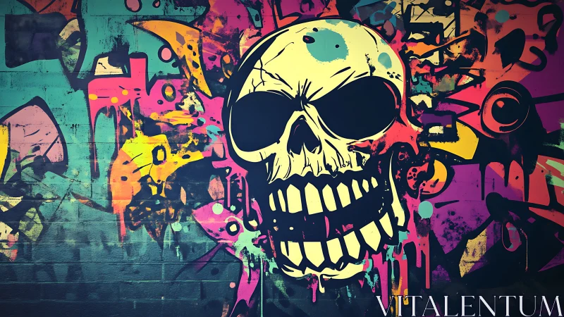 Pop art skull mural with neon graffiti layering on brick wall.
